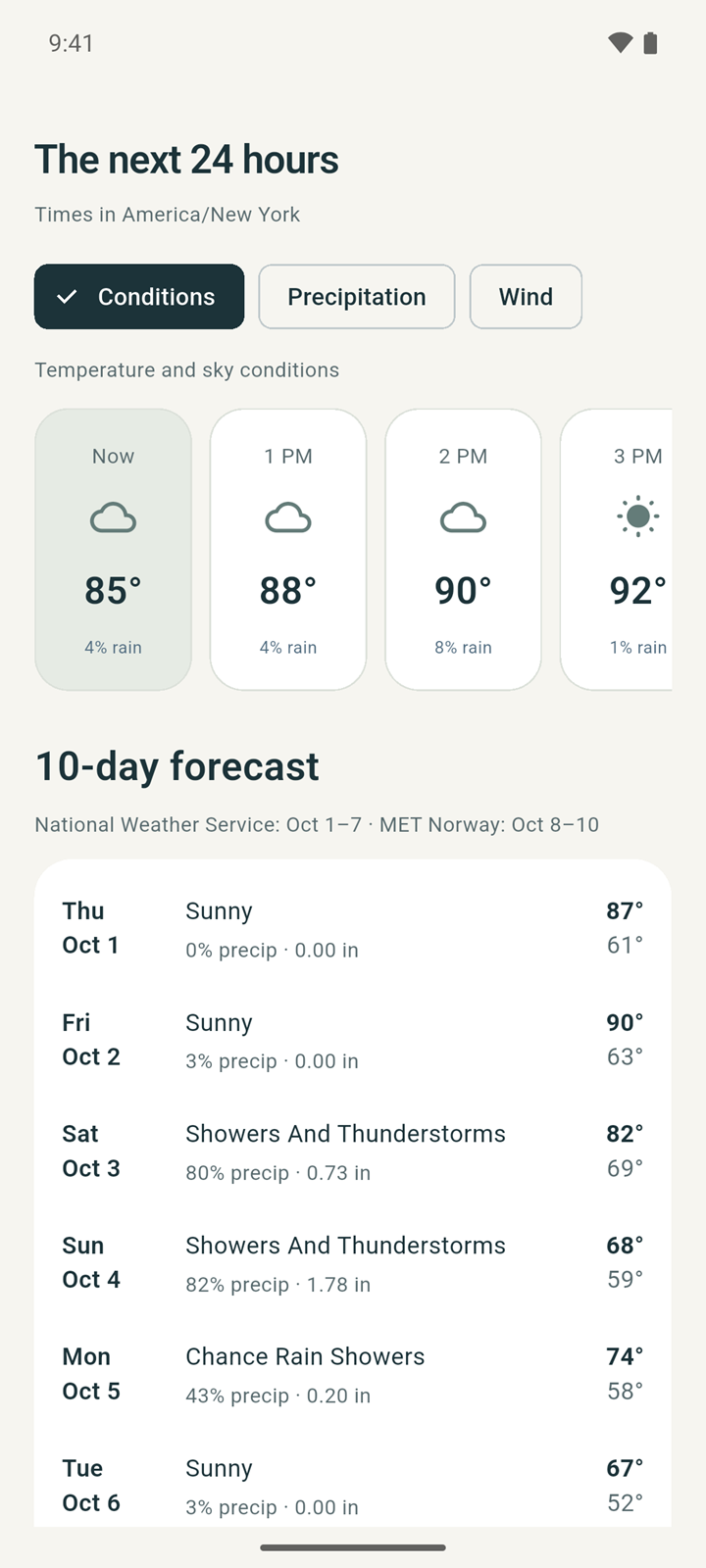 Hourly forecast on the Today screen in the Conditions view, with each hour’s temperature, sky and chance of rain, above the start of the 10-day forecast